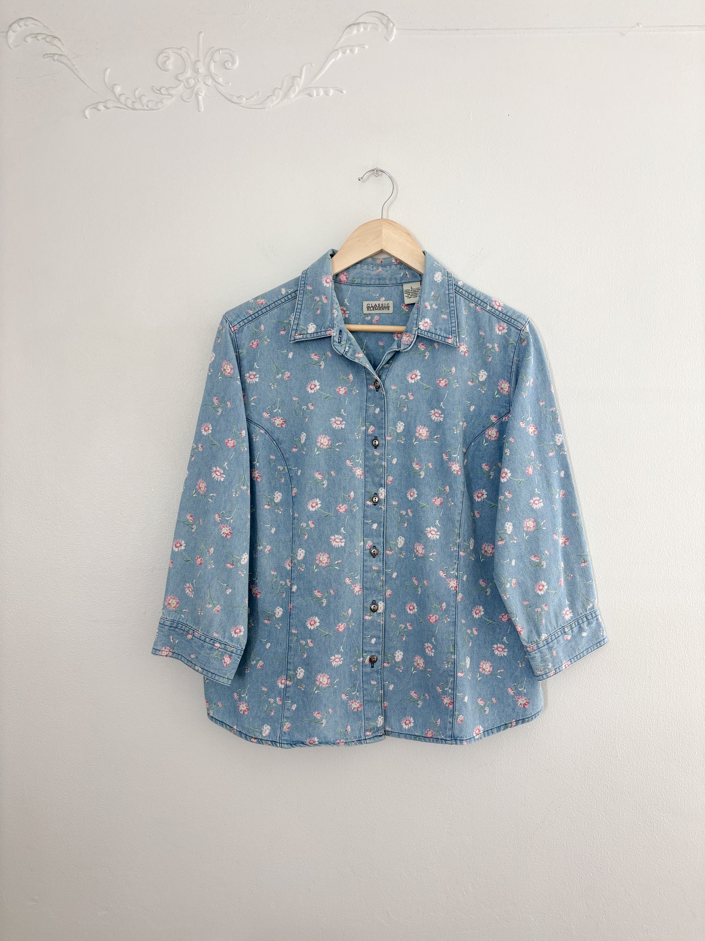 Vintage Pink Floral Denim Button Up (L)