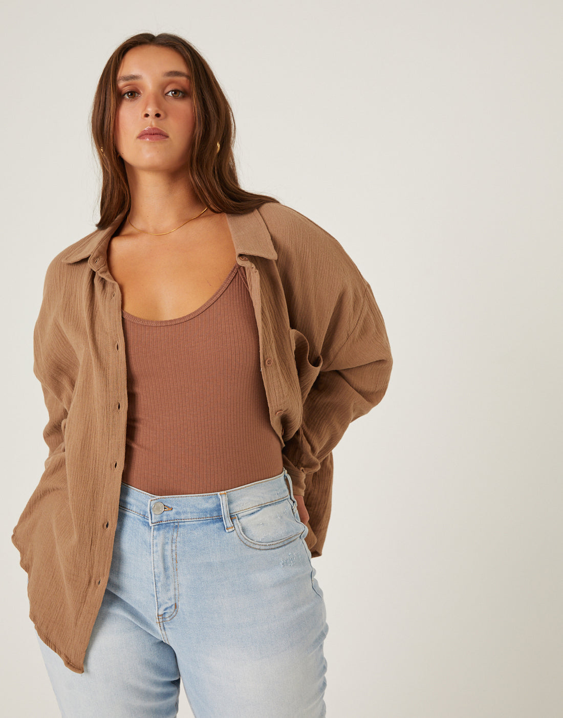 Brown Gauze Button up (L)