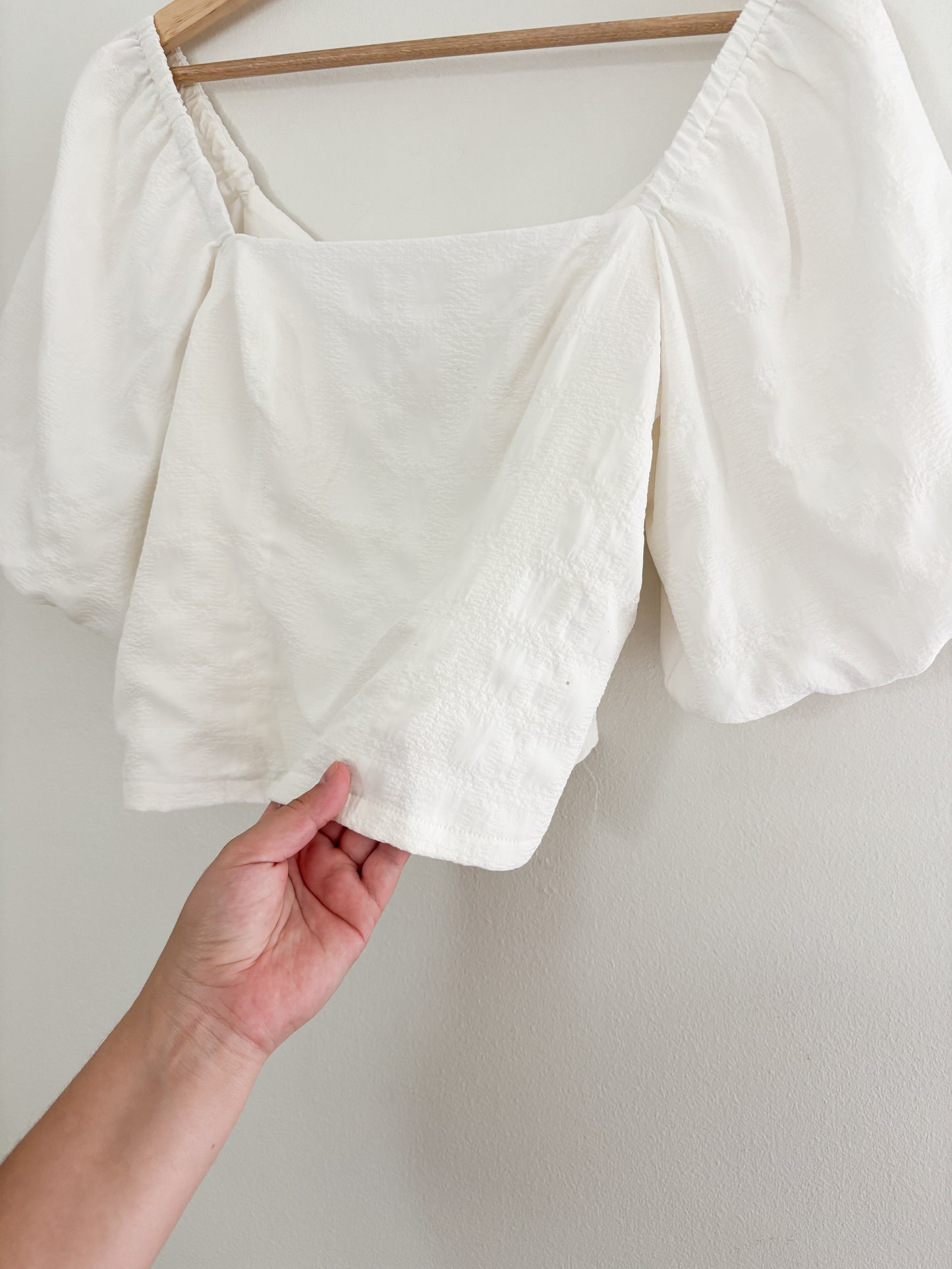 White Smocked Puff Sleeve Top (S)