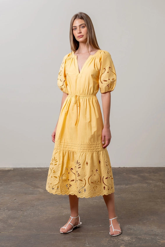Moon River Yellow Puff Sleeve Dress (S)