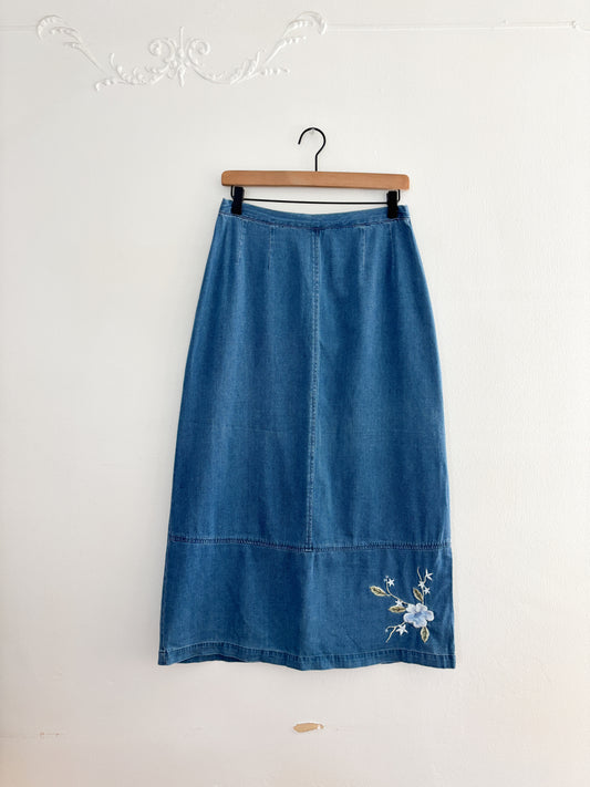 Vintage Floral Embroidered Denim Skirt (27/28”)