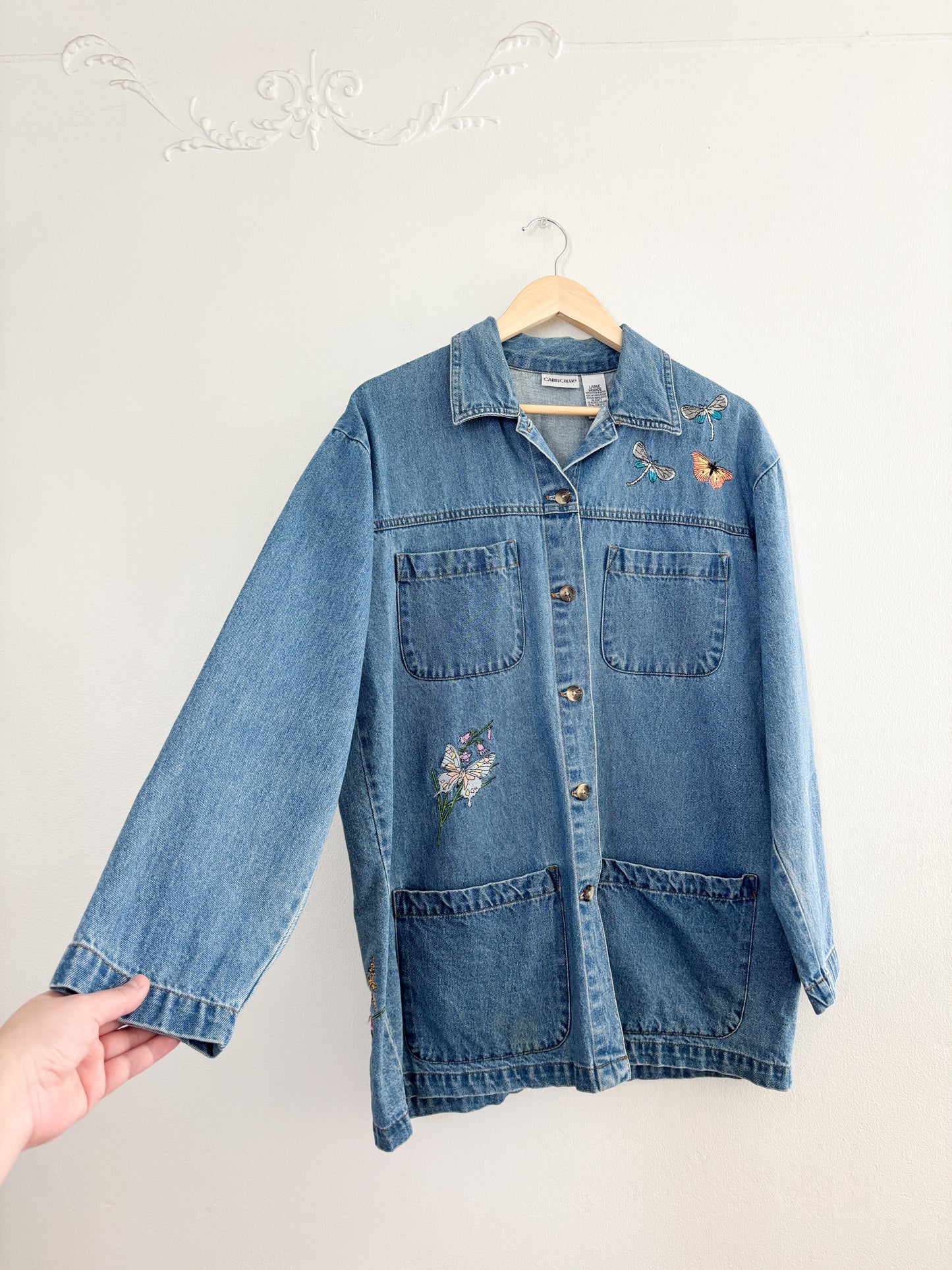 Vintage Butterfly Embroidered Denim Chore Jacket (L)