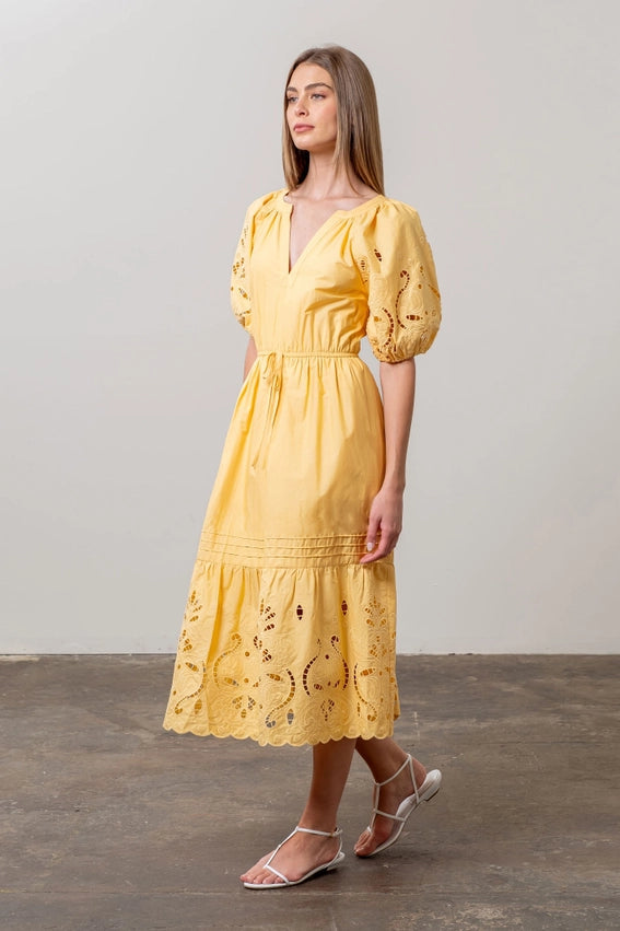 Moon River Yellow Puff Sleeve Dress (S)