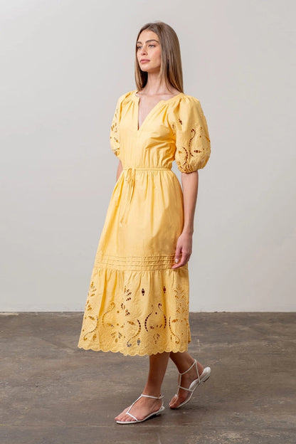 Moon River Yellow Puff Sleeve Dress (S)