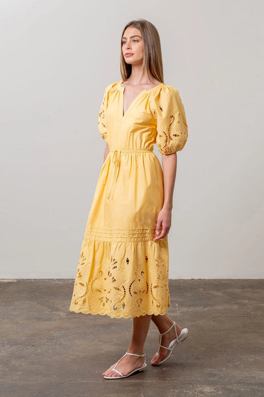 Moon River Yellow Puff Sleeve Dress (S)