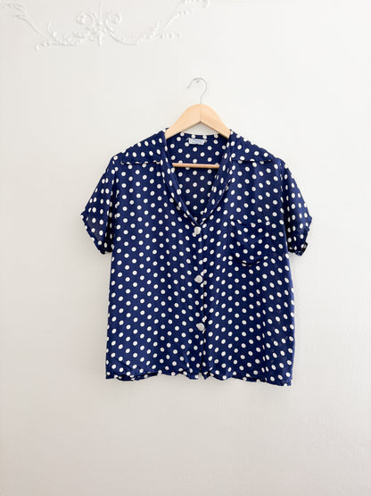 Vintage Blue Polka Dot Button Up (S/M)