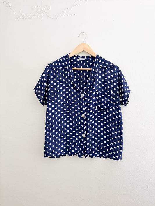 Vintage Blue Polka Dot Button Up (S/M)