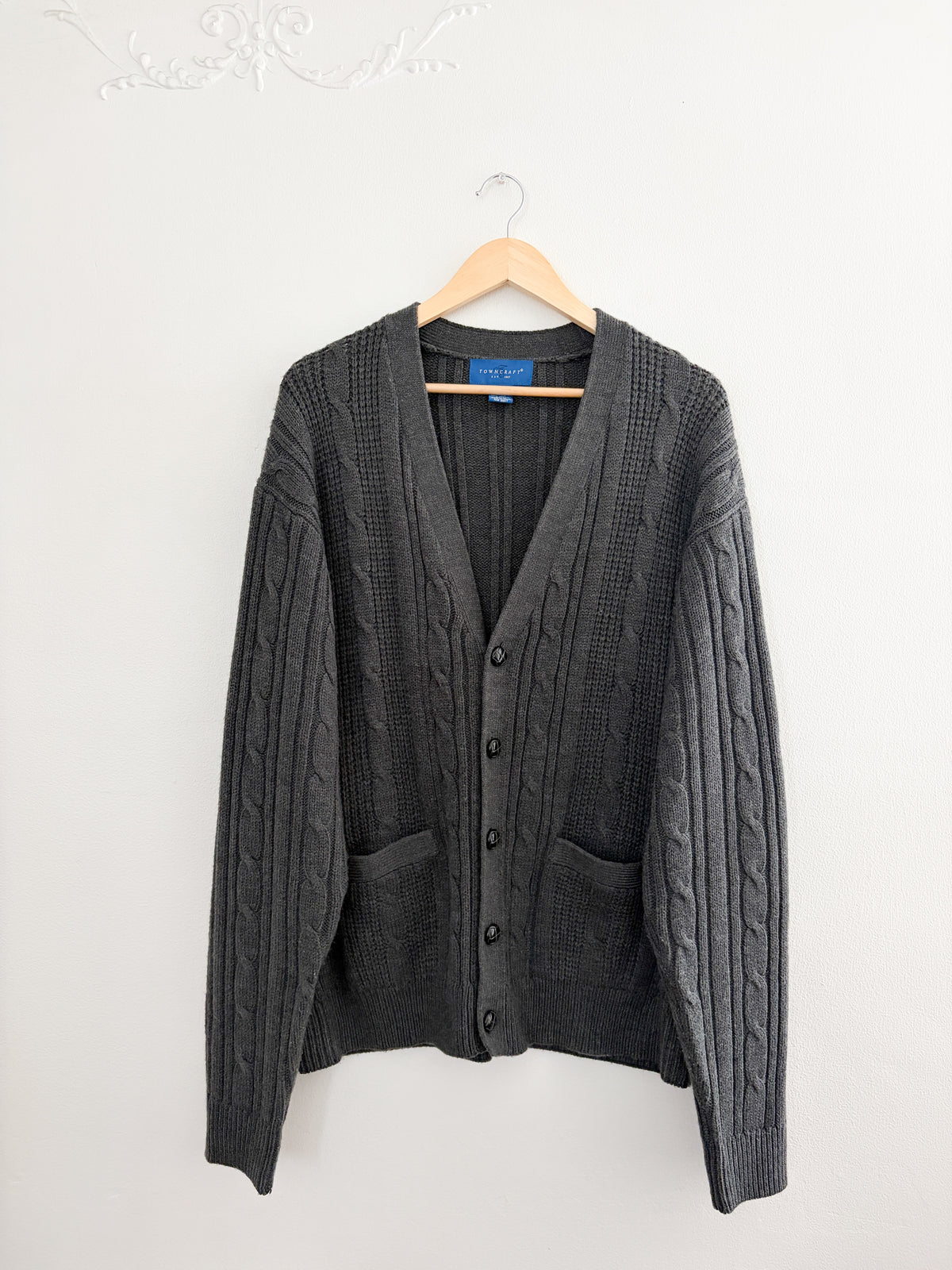Vintage Grey Cable Knit Cardigan (XL)
