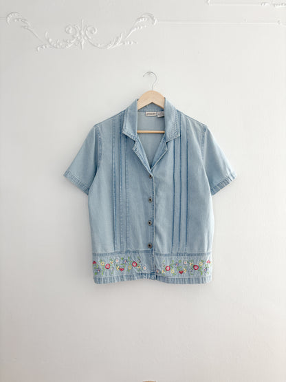 Vintage Denim Floral Embroidered Button Down (M/L)
