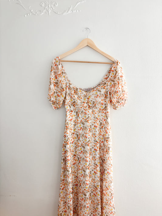 Orange Floral Puff Sleeve Dress (M)