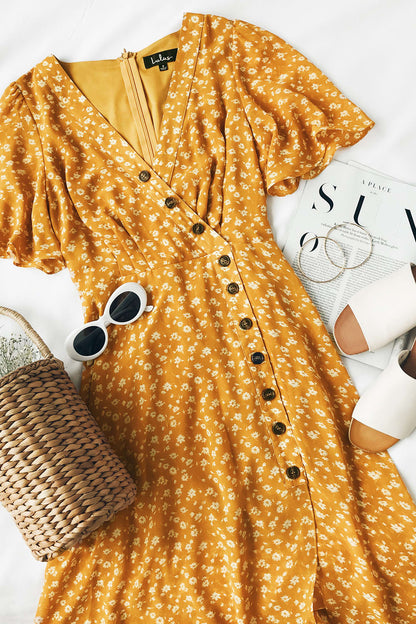 LuLus floral yellow dress (M)