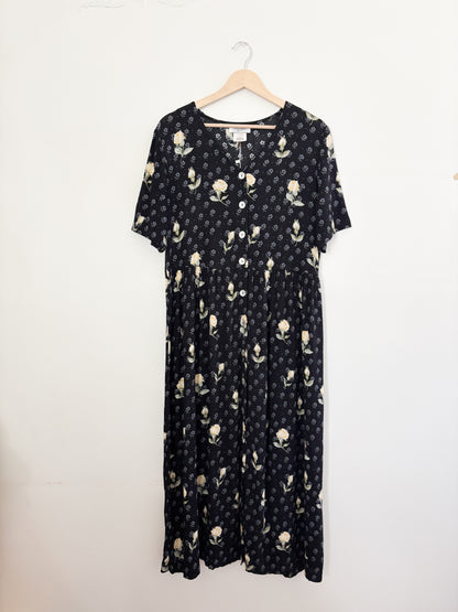 Vintage Black Floral Dress (M)