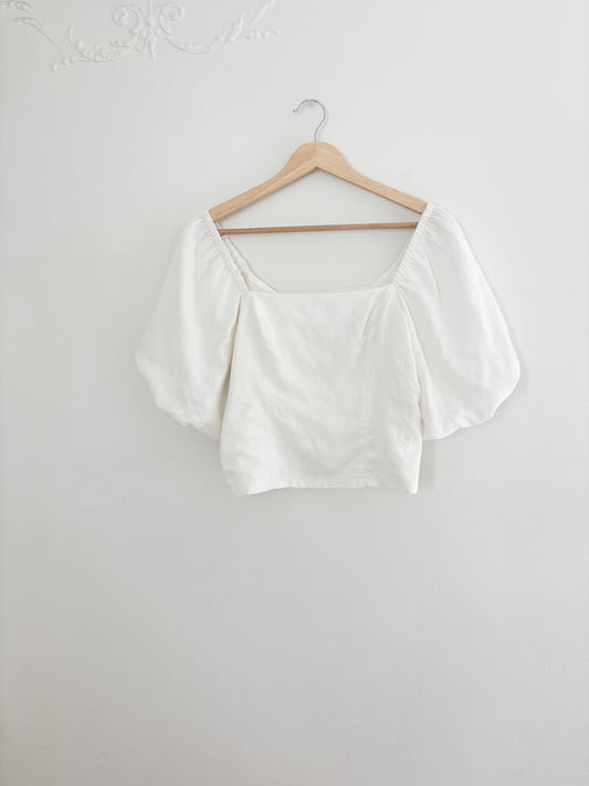 White Smocked Puff Sleeve Top (S)