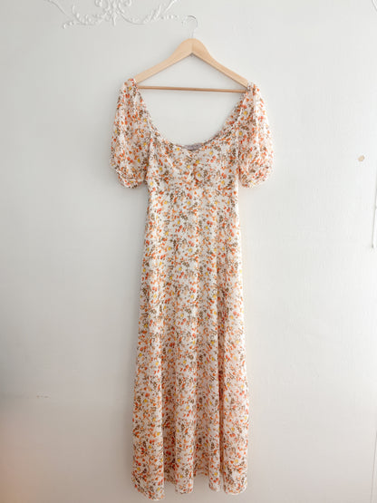 Orange Floral Puff Sleeve Dress (M)