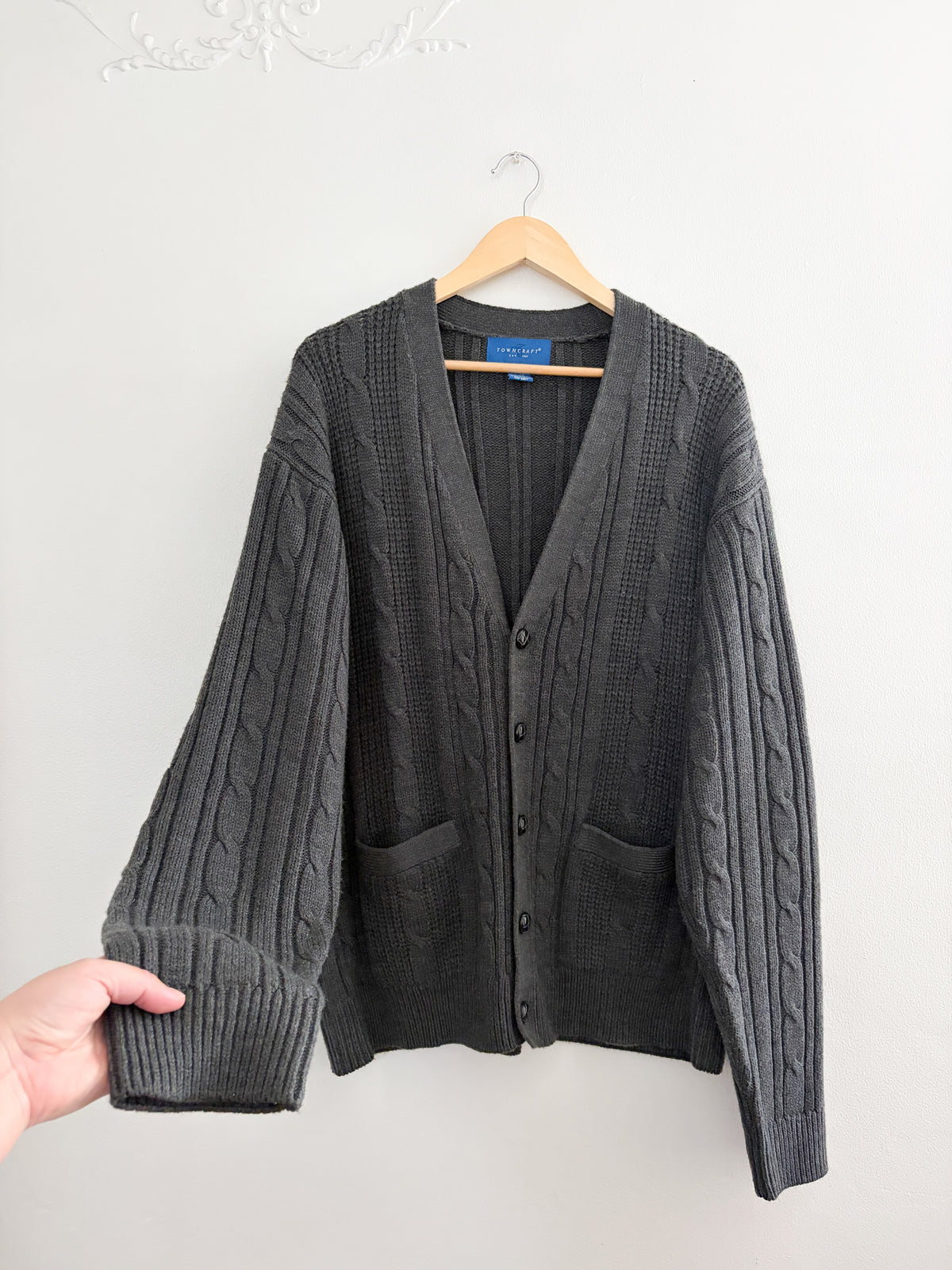 Vintage Grey Cable Knit Cardigan (XL)