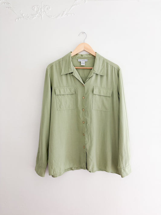 Vintage Green Silk Button Up (XL)