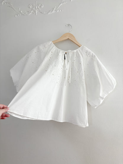 White Floral Puff Sleeve Blouse (M)