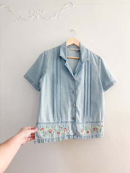 Vintage Denim Floral Embroidered Button Down (M/L)