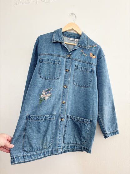 Vintage Butterfly Embroidered Denim Chore Jacket (L)