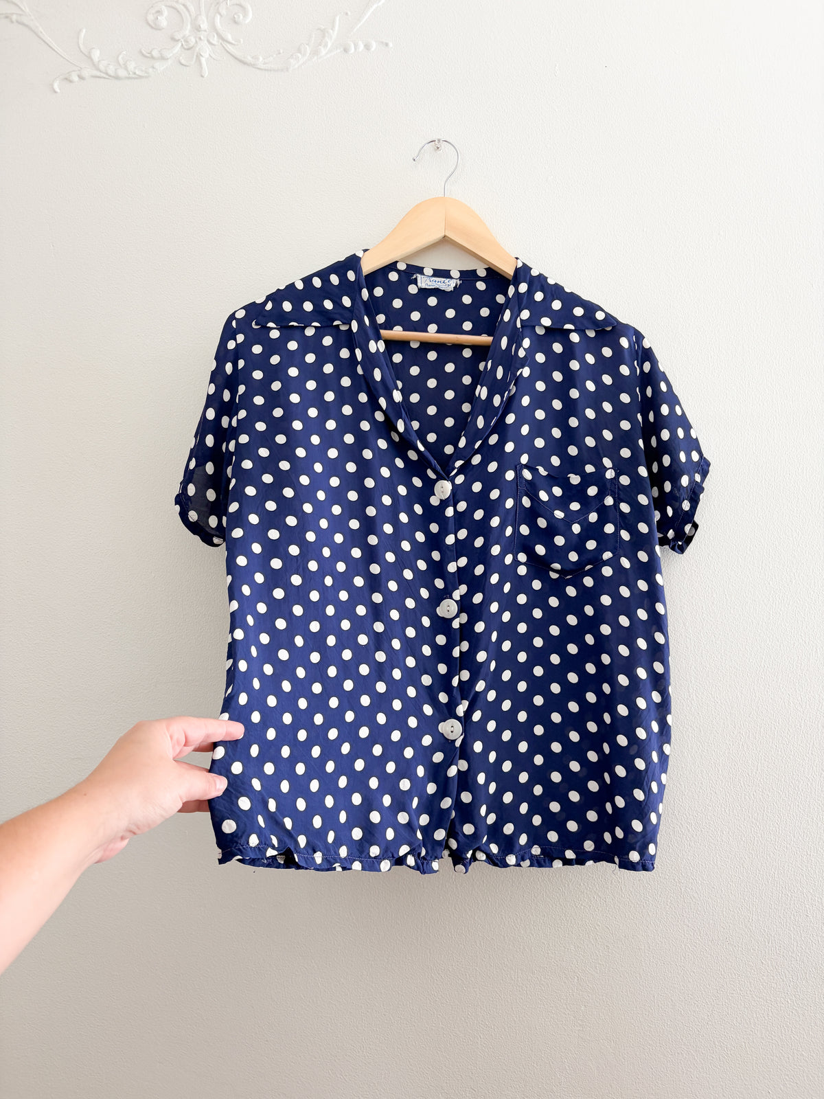Vintage Blue Polka Dot Button Up (S/M)