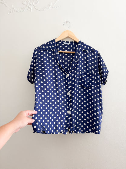 Vintage Blue Polka Dot Button Up (S/M)
