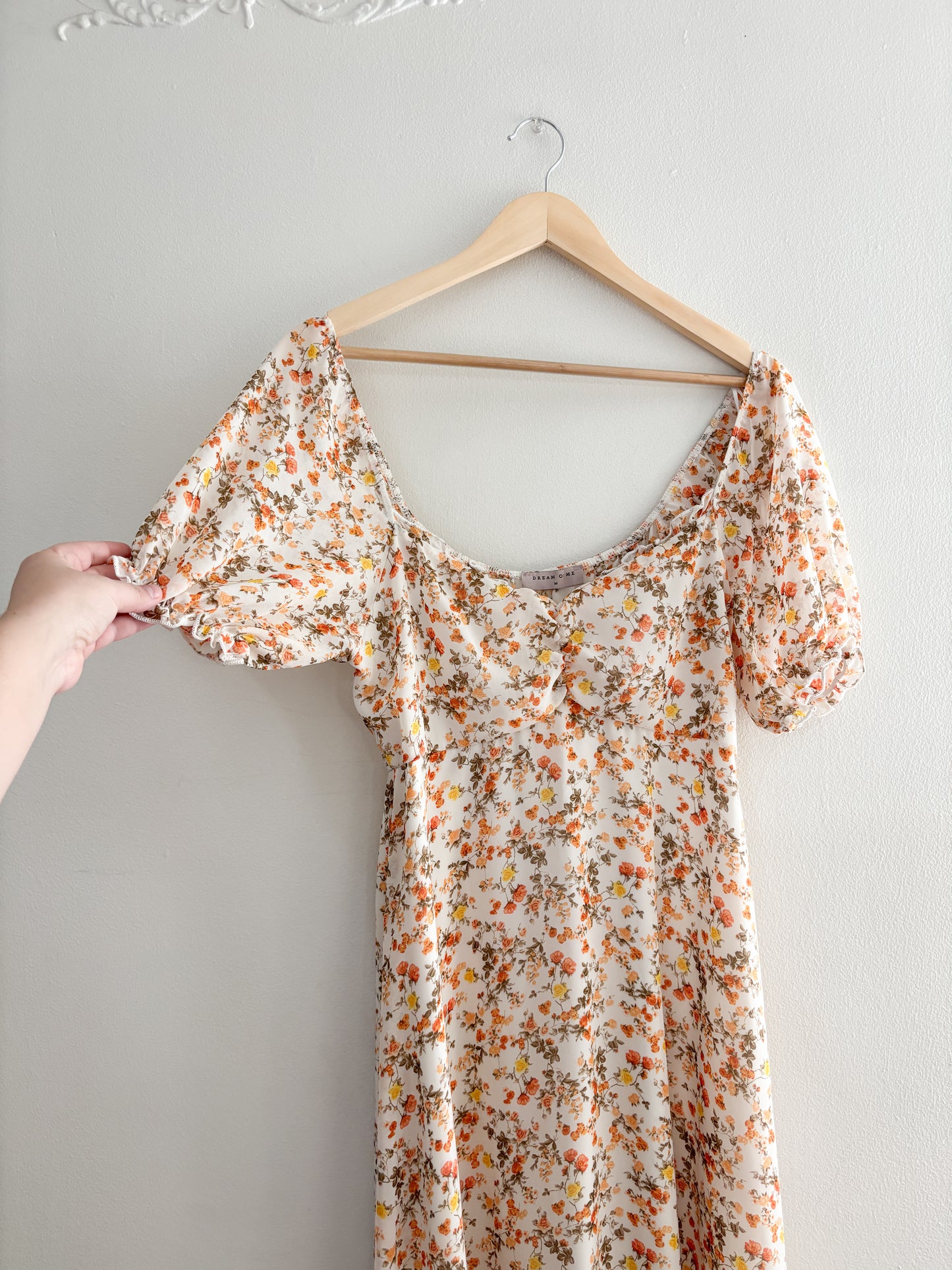 Orange Floral Puff Sleeve Dress (M)