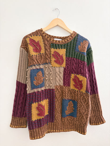 Vintage Hand Knit Leaf Patterned Sweater (M)