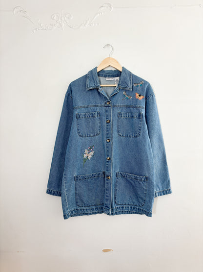 Vintage Butterfly Embroidered Denim Chore Jacket (L)
