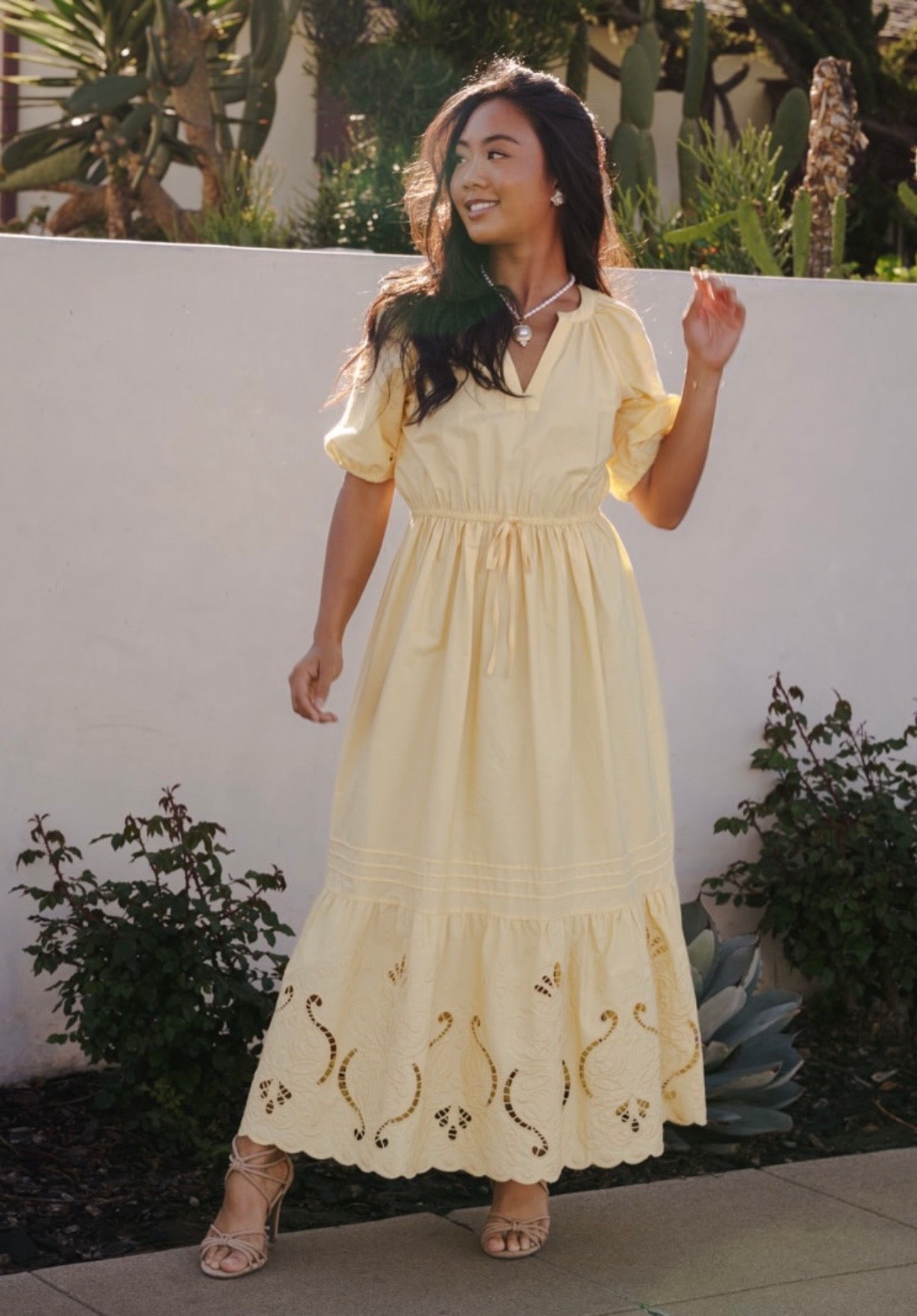Moon River Yellow Puff Sleeve Dress (S)
