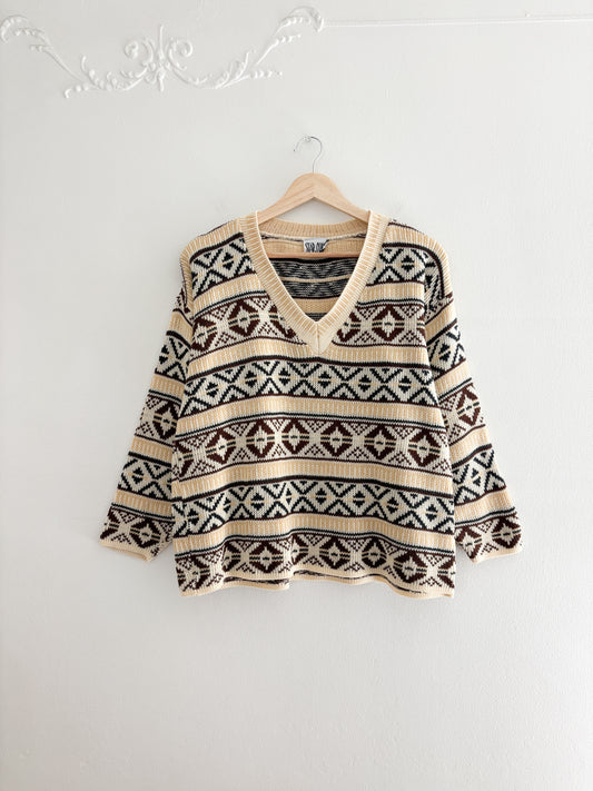 Vintage V Neck Patterned Sweater