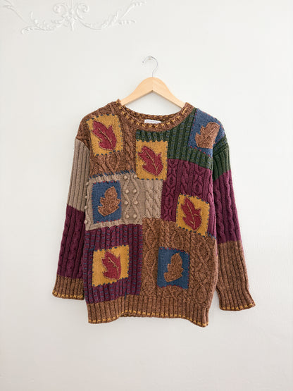 Vintage Hand Knit Leaf Patterned Sweater (M)