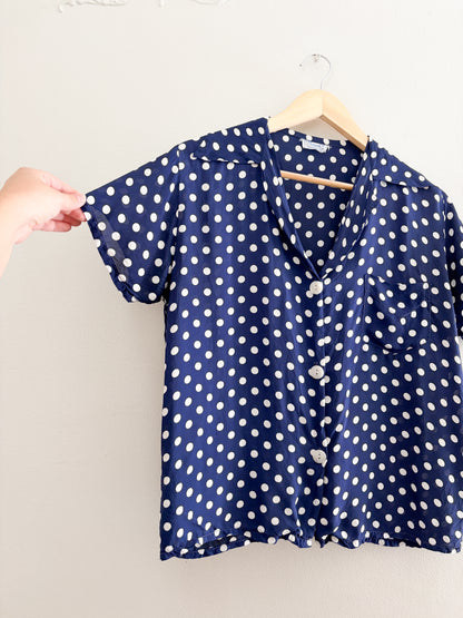 Vintage Blue Polka Dot Button Up (S/M)