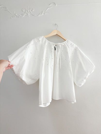 White Floral Puff Sleeve Blouse (M)