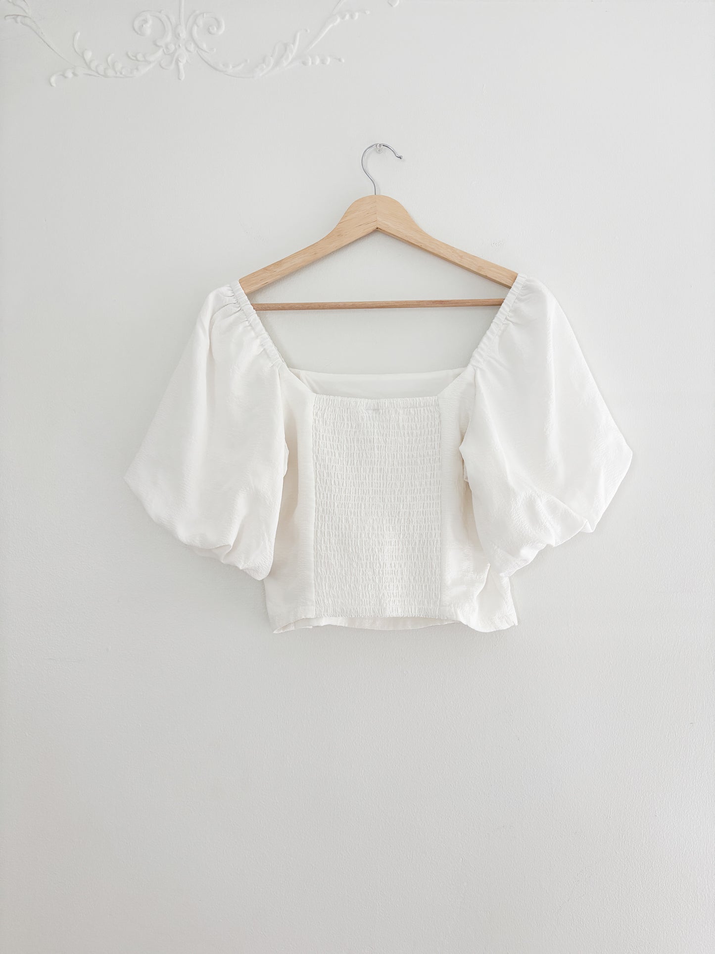 White Smocked Puff Sleeve Top (S)