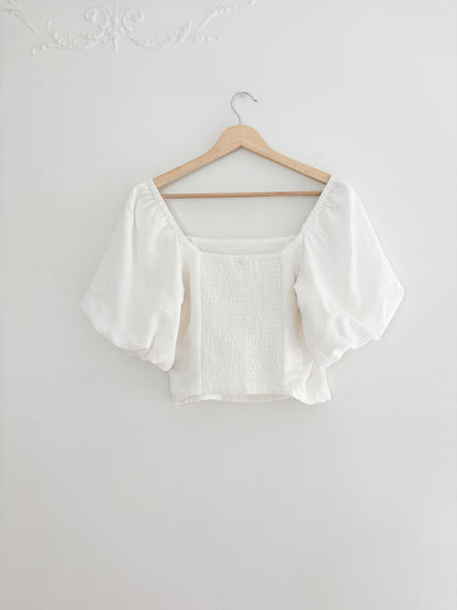 White Smocked Puff Sleeve Top (S)