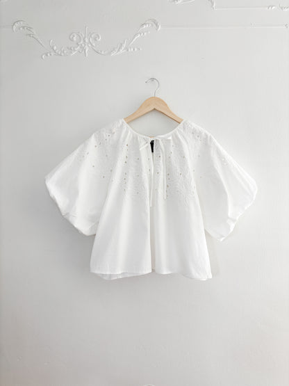 White Floral Puff Sleeve Blouse (M)