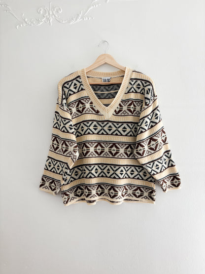 Vintage V Neck Patterned Sweater