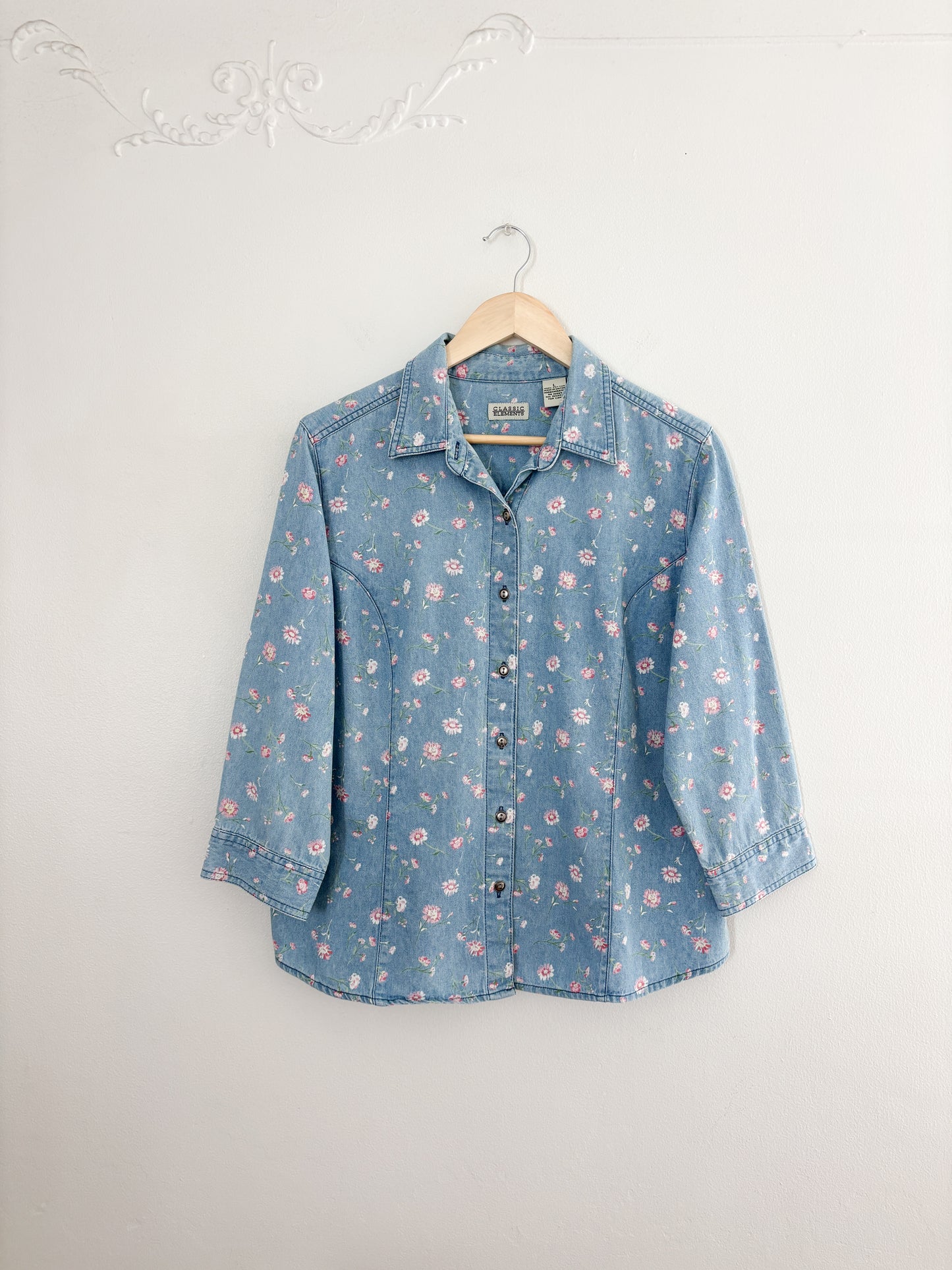 Vintage Pink Floral Denim Button Up (L)