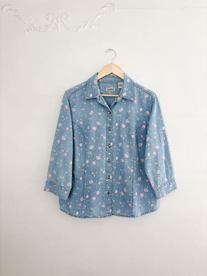 Vintage Pink Floral Denim Button Up (L)
