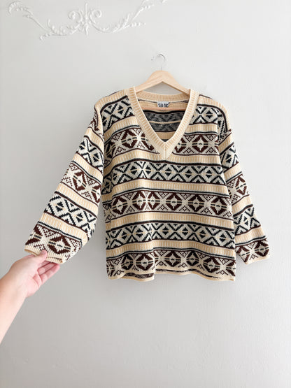 Vintage V Neck Patterned Sweater
