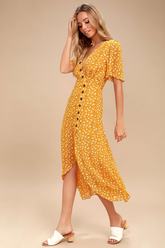 LuLus floral yellow dress (M)