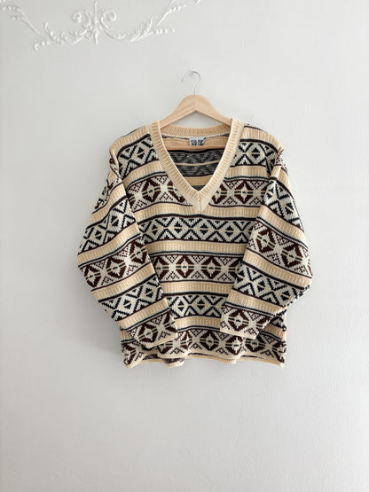 Vintage V Neck Patterned Sweater