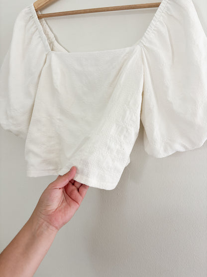 White Smocked Puff Sleeve Top (S)