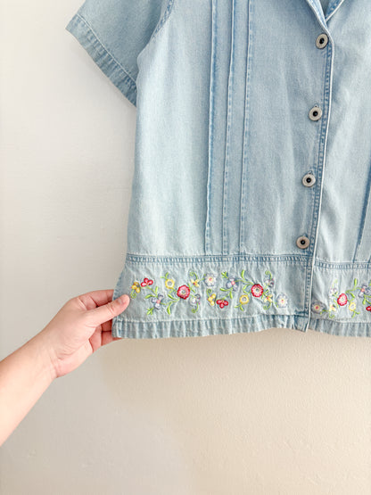 Vintage Denim Floral Embroidered Button Down (M/L)