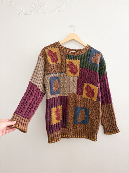 Vintage Hand Knit Leaf Patterned Sweater (M)
